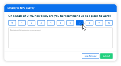 Employee NPS question asking 'On a scale of 0-10, how likely are you to recommend us a place to work?'
